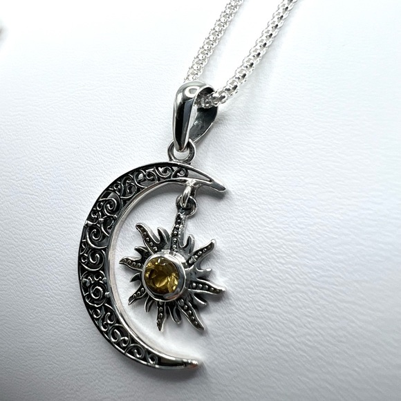 Genuine Citrine .925 Sterling Silver Moon Necklace - Picture 9 of 17